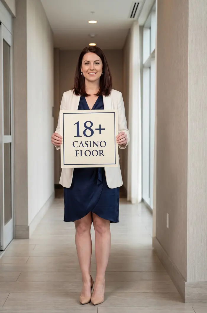 Audrey Kessler holds a card reading 18+ Casino Floor in a hotel corridor. Character created for the guide; AI-generated image.
