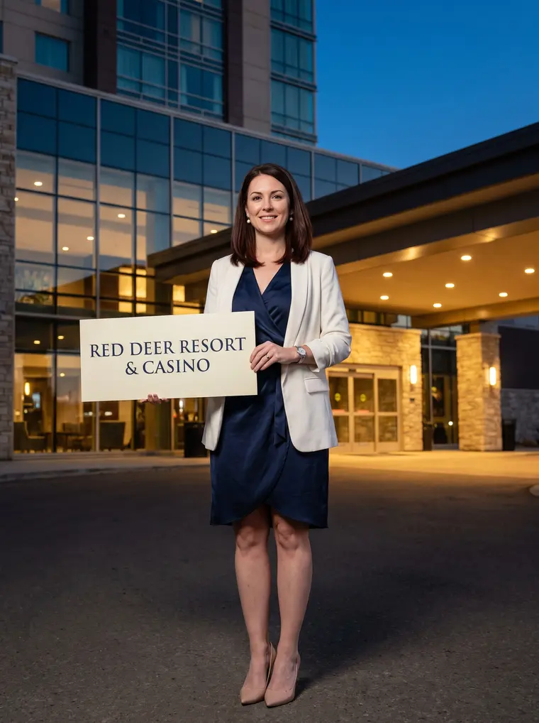Audrey Kessler, the guide's host, holds a sign reading Red Deer Resort & Casino at a hotel entrance at dusk. She is a character created for the guide; AI-generated image.
